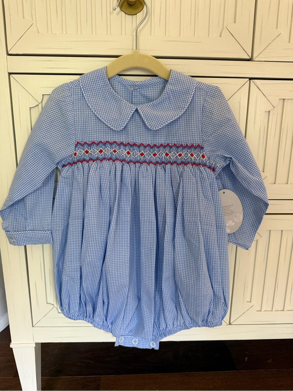 NWT Baby Sen Gingham Smocked Bubble in Royal Blue with Red Smocking Size 24m